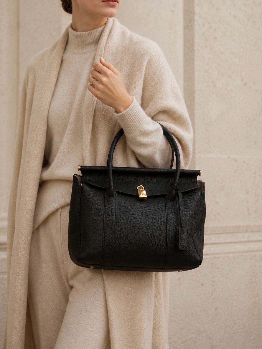Black Genuine Pebbled Leather Flap Double Handle Satchel With Gold Lock Charm